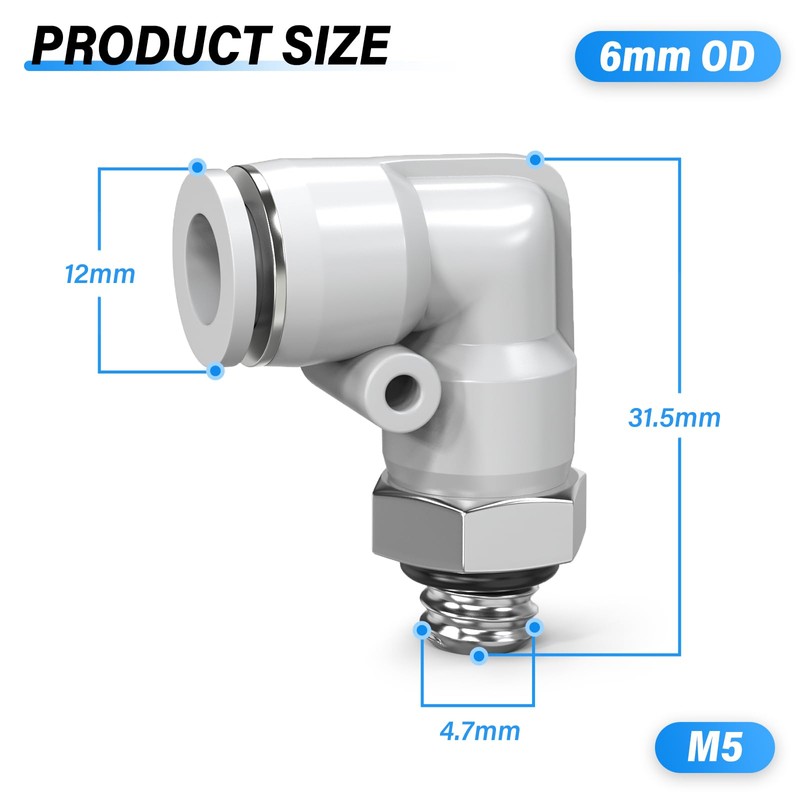 TAILONZ PNEUMATIC White Male Elbow 6mm x M5 Thread 90