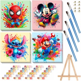 4 Packs Cartoon Paint by Numbers Kits for Kids Framed,Paint by Numbers for Kids Ages 8-12 with Framed Canvas,DIY Easy Painting Kits with Wooden Easel for Home Wall Decor 8X8 Inch