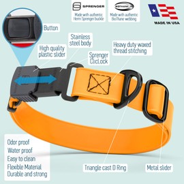 Dogline Biothane Waterproof Dog Collar with Herm Sprenger Black Stainless Steel Quick Release Buckle – Heavy Duty Tactical Durable Collar for Dogs – Comfortable Pet Collar W3/4" L12-19 Tangerine