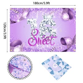 Happy 16th Birthday Banner Backdrop Sweet 16 Years Old Queen Purple Background Bday Decorations for Girls Women Photography Party Supplies Glitter