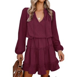 BTFBM Long Sleeve Fall Dresses for Women 2025 Summer Casual Tie Neck Ruffle Tiered A Line Wedding Guest Short Mini Dress(Dot Wine Red, Medium)
