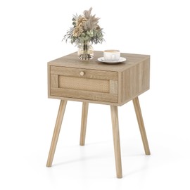 Giantex Boho Rattan Nightstand, Mid Century Wood Night Stands with Rattan Weaving Drawer, Bedside Table with Solid Wood Legs, End Side Table for Bedroom Storage, Natural