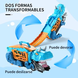 IDLOOKMAL Dinosaurios de Juguetes, Camión de Juguete de Dinosaurios con 12 Coches, Plegable y transformable, Dinosaurios Juguetes para niños, Dos Pistas para Juego multijugador (Azul)