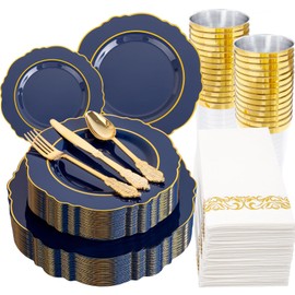 KIRE 210Pcs Navy Blue Plastic Plates - Blue Plates Disposable - 30guest Baroque Plastic Dinnerware for Hanukkah/Upscale Wedding/Parties