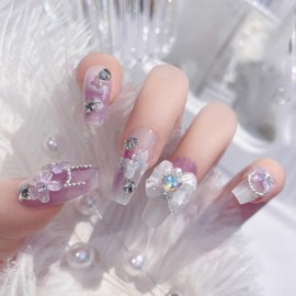 HAPVITAL 24-Piece Set, Nail Tips, Press-On, Popular, 3D, Handmade Japanese Style, Bride's Nails, Glossy, Reusable, 3D Dimension, Easy to Stick, Nail Stickers, Nail Art, Nail Parts, Stylish Beginners