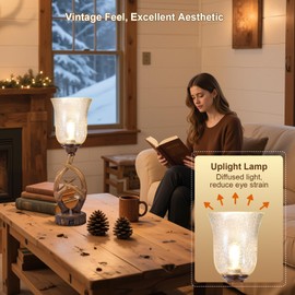 Scenekoy Antler Table Uplight Lamp for Living Room Bedroom, 20.5” Resin Memory Function Bedside Lamps with Glass Shade, Rustic Nightstand Lamp with USB Ports for Home Room Decor (Bulb Included)