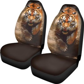 Uskorhein Tiger 2 Pcs/Set Car Seat Covers, 3D Vivid African Jungle Animal Car Seat Cover for Trucks Sedan SUV, Running Bengal Tiger Automotive Interior Protector Set