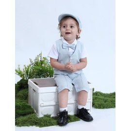 A&J DESIGN Baby Suits for Boys Wedding Gentleman Suspenders Outfits Summer Formal Easter Rompers with Hat Light Blue 3-6 Months