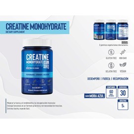 Gomitas de creatina monohidratada Suplemento Alimenticio con Creatina Monohidratada 5 g por Porción Sabor Mora Azul Aporte Nutricional para Desempeño y Energía Vegano, Sin Gluten, 60 Gomitas