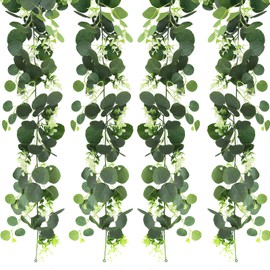 4 Stück Eukalyptus Girlande Künstliche Pflanze Girlande 180cm mit Weißen Blüten Hängepflanze Kunstpflanze Hängend Kunstefeu Blätter Ivy Vines für Zimmer, Wand, Balkon oder Hochzeitsdeko