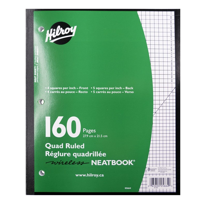 Hilroy 05664 Wireless Quad Ruled Neatbook, 11x8.5-Inch, 3 Hole Punched,