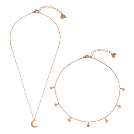 Happiness Boutique Women's Moon and Star Jewellery Set in Rose Gold 2-Piece Crescent Moon Necklace and Choker Necklace with Star Pendants, Rose Gold Stainless Steel, Without Stone