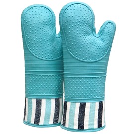 RED LMLDETA Heat Resistant 550 Degree Oven mitt, Silicone Oven Hot Mitts - 1 Pair, Extra Long Professional Baking Oven Gloves - Food Safe,Pot Holders Cooking,Grilling,Kitchen (Blue Mittens )