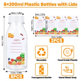 Pack of 8 Plastic Bottles 200 ml for Filling, Plastic Juice Bottles with Black Lid and 8 Stickers, Portable Shot Bottles for Filling, Small Bottle for Storing Juice Drinks (White)
