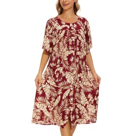 COSUNIONY House Dresses for Women Cotton Short Sleeve House Coat Buttons Down Dusters Robe with Pockets (Red Leaves, Large…