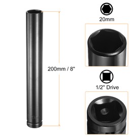 sourcing map Deep 6-Point Impact Socket 1/2" Drive 20mm Metric Socket 8" Length with 1/4" Hex Shank Adapter, CR-V Steel Socket Adapter Accessory Tool Set Kit for Hex Bolts Nuts