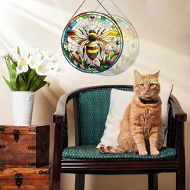 RIVEENY Bumblebee Stained Glass Window Hangings,8''Bee Suncatcher Stained Glass Window Panel Gift for Christmas Anniversary Birthday Mother's Day