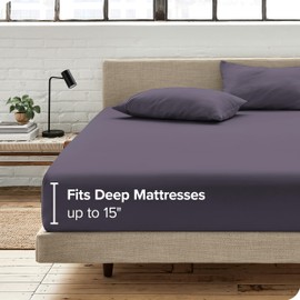 Bare Home 100% Organic Cotton Sateen Fitted Sheet - Smooth Sateen Weave - Breathable & Cooling - Hotel Luxury - Durable Fitted Sheet - Deep Pocket (Queen, Dusty Purple)