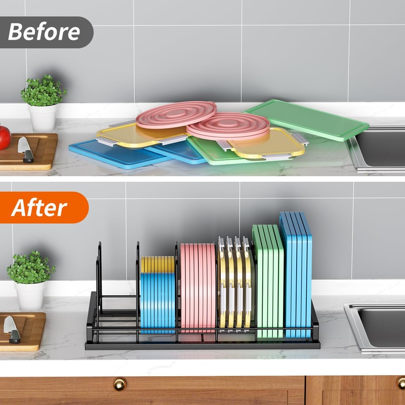 Food Container Lid Organizer for Cabinet, 6 Adjustable Dividers Metal