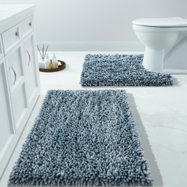 Yimobra Bathroom Rugs Sets 2 Piece, Luxury Shaggy Extra Thick Bathroom Rugs, Plush Non-Slip Mats for Bath Room Floor, U-Shaped Toilet Mat, Ultra Absorbent, 24 x 17 + 24.4 x 20.4 Inches,Light Blue