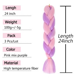 AFNOTE Pink Braid in Hair Extensions 24 Inch 3 Packs Synthetic High Temperature Rainbow Jumbo Braiding Hair Pink Mix Purple Crochet Colored Hair Extensions for Braiding(Pink/Purple)