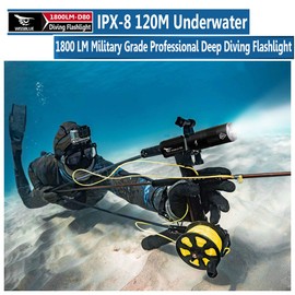 Wbwissblue D80 1800 Lumen Diving Tactical flashligh, 120m Underwater Scuba Safety Lights, Rechargeable LED Flashlight Plastic Gift Box Package