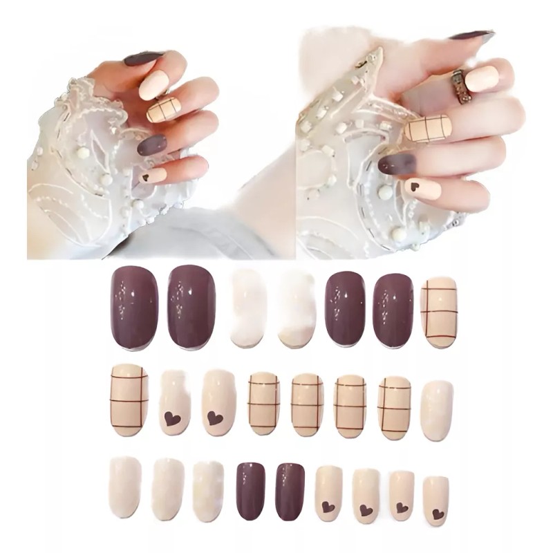 Nails Uñas Decoradas Postizas Desmontables Pequeñas Café Crema