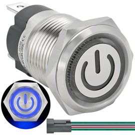 UL Listed (15Amp) 16mm 5/8'' Latching Push Button Switch Blue 110V-120V AC/DC Waterproof IP67 Power Button SPST with LED Angel Eye Head On Off with Wire Socket Plug