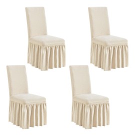 NICEEC Plush Chair Covers for Dining Chairs Covers Set of 4 Removable Beige Yellow Thick Dining Room Chair Covers with Skirt Warm Parson Chair Slipcovers Washable Chair Protector for Kitchen Wedding