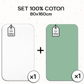 Lovely Hippo Fitted Sheet 80 x 160 cm 100% Cotton for Cabin Bed 80 x 160 cm, Chemical-Free (White/Sage Green, 80 x 160 cm)