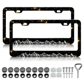 Mountain License Plate Frames - 2 Pack Bling Star License Plate Holder,Stainless Steel Rust-Proof Waterproof Car Decorative Tag Frame with Screws Fasteners Caps