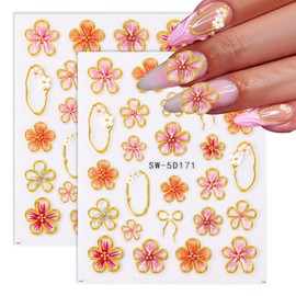 2pcs 5D Embossed Flower Nail Stickers, Self-Adhesive Summer Nail Flower for Women Girls Manicure Decoration DIY Crafts