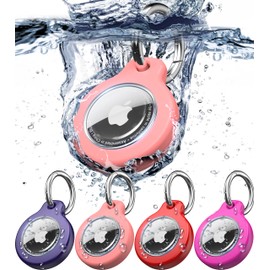 RFUNGUANGO Case Compatible with Airtag Holder, Pack of 4 Waterproof Airtag Covers, Dust and Scratch-Resistant Airtag Holder for Dogs, Cats, Bags, Keys, Luggage, Purple, Peach Pink, Red, Rose Red