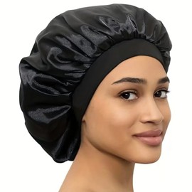 Satin Sleep Bonnet, Large Night Cap for Hair Care, Black
