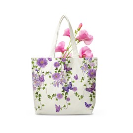 TCHOND Purple Butterfly Canvas Tote Bag, Purple Flowers Aesthetic Shopping Grocery Bag, Beach Bag Gifts For Women Butterfly Lovers Friends Family, Spring Summer Party Reusable Shopping Bag, 16