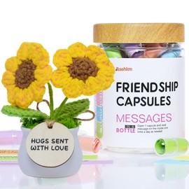MSEHKM Friendship Messages in a Bottle Package for Your Bestfriend With Crochet Sunflower Pre-Written Capsule Letters in Plastic Jar for Men Women, BFF, Bestie, Friend Present, Just Friends