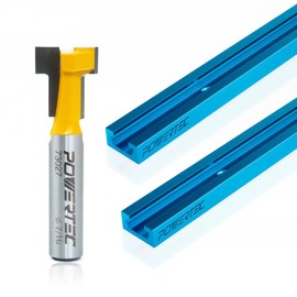 POWERTEC 73033 Carbide Tipped T Slot Router Bit 7/16" Dia. x 3/16" H x 1/4" Shank (1-PC) with 36" Double-Cut Profile Universal T-Tracks (2-Pack)