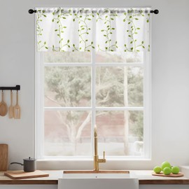 Slozzi Sheer Voile Curtain Valance Leaves Embroidered Small Window Valances Curtains 54x16 Inches 2 Panels, Rod Pocket Short Window Treatment Toppers for Bathroom Kitchen Over Sink, Green Leaves