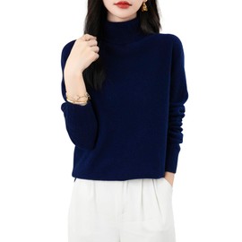 Chanyarn Women's 100% Merino Wool Turtleneck Jumper 2024 First-Line Ready to Wear Long Sleeve Seamless Knit Pullover (Navy Blue,S)
