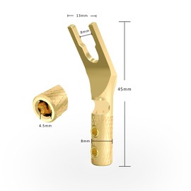 Monosaudio Speaker Fork Connector 8 Pieces Y Flat Connector Screw Lock Pure Copper Gold-Plated Cable Lugs with Allen Key Fork Spade Connector for Speaker Cable up to 4.5 mm