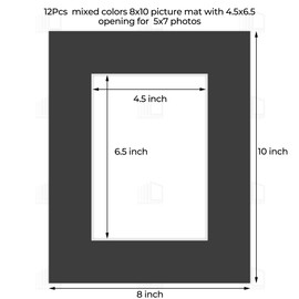 Frametory, 8x10 Black Pre-Cut Picture Mats for 5x7 Photos, Prints, Artworks - White Core Bevel Cut 4.5x6.5 Openings Acid Free Frame Mattes 1.4Mm Thickness - Pack of 12
