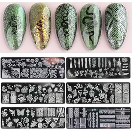 6Pcs Nail Art Stamping Plates Nail Stamps Flowers Snake Leopard Lace Pattern Stamp Templates Metal Nail Art Plates Set for DIY Print Decoration Manicure Salon Nail Supplies 4.72"×1.57"