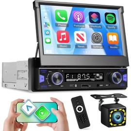 7 inch Single Din Car Stereo Flip Out Screen Radio with Wireless Carplay and Android Auto, 7inch 1 Din Touchscreen Radio Support AM FM RDS Radio/Bluetooth/Mirror Link/EQ Audio/SWC