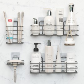 Dekula Adhesive Shower Caddy 4 Pack, Shower Shelves Organizer for Bathroom Storage, Rustproof Stainless Steel Bath Organizers, Kitchen, Adhesive or Screw, Soap Dish, Hooks, Wall Shelf