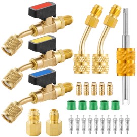 AC Refrigerant Angle Ball Valve Set, Air Conditioner Refrigerant Angled Ball Valve 1/4 to 5/16, R410A Mini Split Adapters with R134A Refrigerant Tank Adapter, Refrigerant Ball Valve Adapter Kit