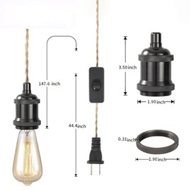 EmyZöilure 15FT Industrial Pendant Lights Cord Plug in Hanging Light Kit with Switch and Hemp Rope, Hanging Lamp Kit with E26 Bulbs Socket DIY Lamp Cord Fixture for Farmhouse Bedroom Living Room Decor