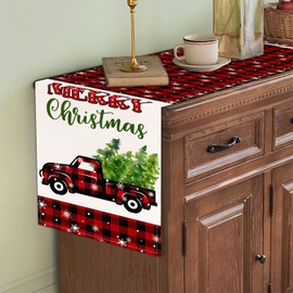 Red and Black Buffalo Plaid Truck Pattern Merry Christmas Table Runner, Seasonal Winter Xmas Holiday Kitchen Dining Table Decoration (Merry Christmas Car, 13x48 Inch)