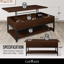 CAPHAUS Lift Top Coffee Table w/Storage, Coffee Table w/Bottom Open Shelf, Storage Coffee Table w/Lift Top for Living Room, Rising Top Coffee Table w/Hidden Compartment Storage, 47" Espresso