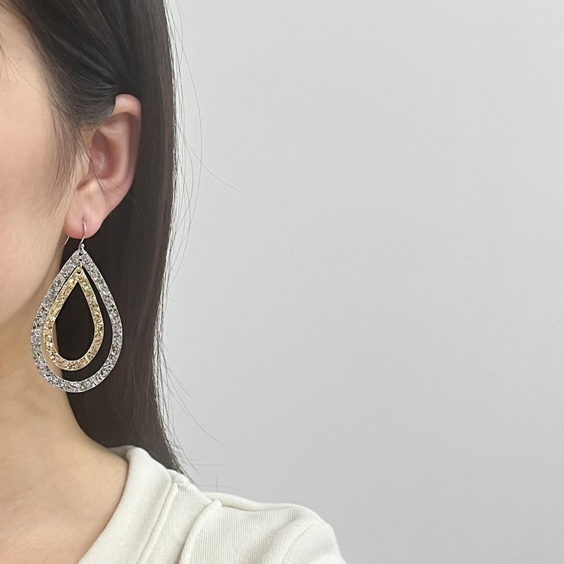 Silver and Gold Hammered Teardrop Dangling Earrings Two Tone Boho