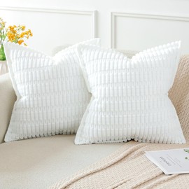 Artscope Pure White Cushion Covers Set of 2 Corduroy Decorative Square Striped Pillowcase with Stitched Edge Pillow Covers 60x60cm for Home Decor Sofa Bedroom Car